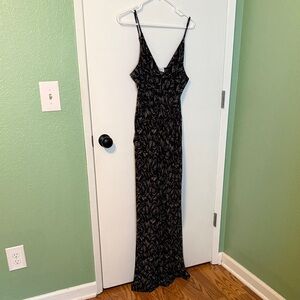 Kaileigh Black Leaf-Print Spaghetti Strap jumpsuit